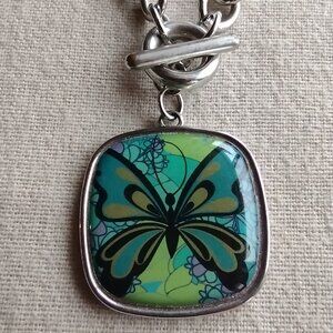 Reversible Blue & Green Butterfly Pendant with Chain